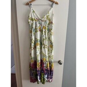 Pink Apple Floral Smocked Maxi Dress Women’s Large Boho Flowers Strappy